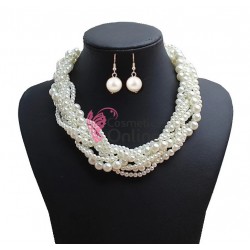 Colier cu cercei AS39D Auriu cu perle Albe sidefate